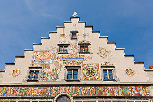 老市政厅,山墙,日晷,壁画,巴登符腾堡,德国南部,德国,欧洲