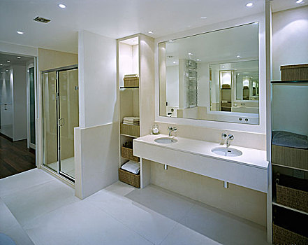 浴室,两个,盥洗池,石头,台案,存储,淋浴,围挡