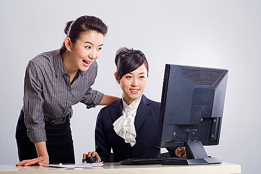 两个使用电脑的商务女青年