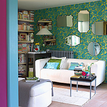 白色,沙发,镜子,客厅,青绿色,壁纸