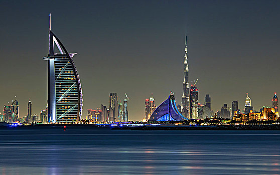 城市,迪拜,阿联酋,黄昏,光亮,哈利法,帆船酒店,摩天大楼,排列,水岸