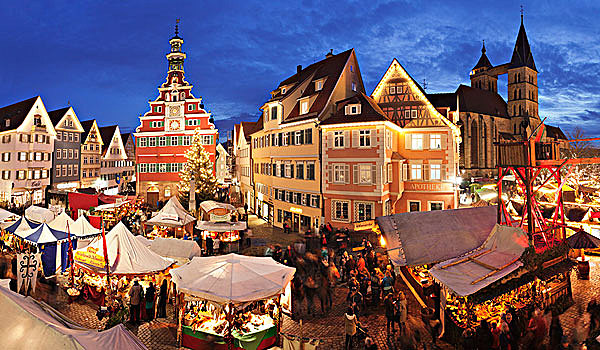 光亮,圣诞市场,老市政厅,教堂,埃斯林根,内卡河,巴登符腾堡,德国,欧洲