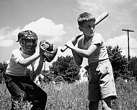 两个男孩,玩,棒球,土地