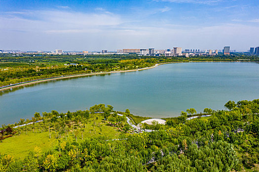 航拍河南郑州象湖生态湿地公园,郑州白沙园区