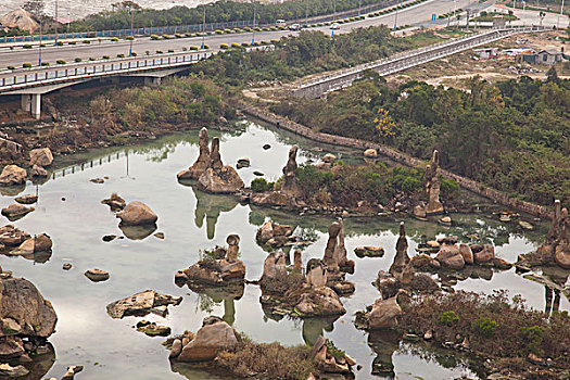 远眺,装饰,岩石花园,塔,佛教寺庙,汕头,中国