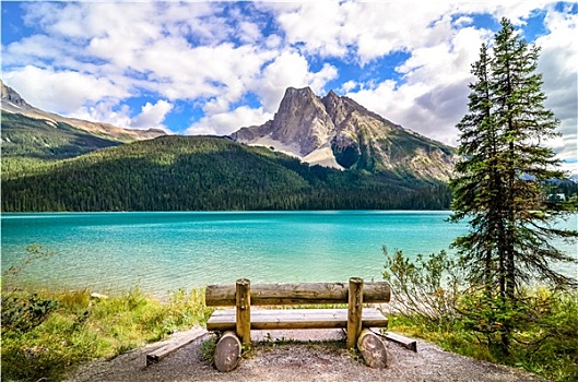 风景,高山湖,木制长椅