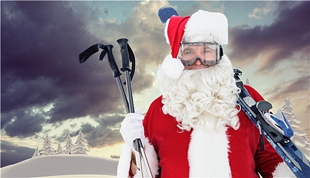 合成效果,图像,高兴,圣诞老人,姿势,滑雪,滑雪杖