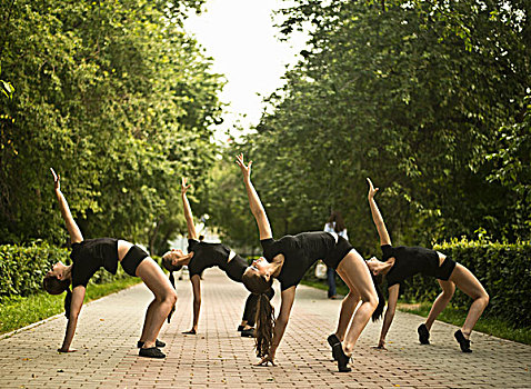 四个,年轻,跳芭蕾,练习,公园