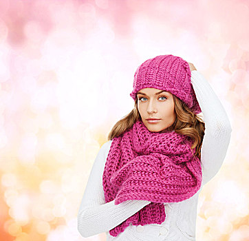 冬天,人,高兴,概念,女人,粉色,帽子,围巾