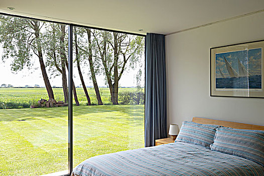 现代,卧室,玻璃墙,远眺,晴朗,草坪
