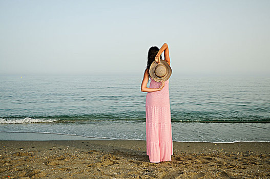 头像,美女,长,粉红裙,遮阳帽,热带沙滩