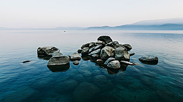 堆,石头,上升,高处,水位,湖,模糊,风景