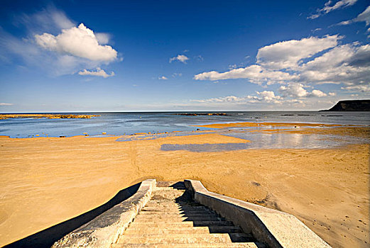 台阶,海滩,斯卡伯勒,北约克郡,英格兰