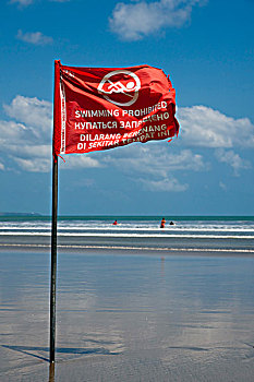 红色,警告,旗帜,游泳,禁止,库塔海滩,乐园,南方,巴厘岛,印度尼西亚,东南亚,亚洲