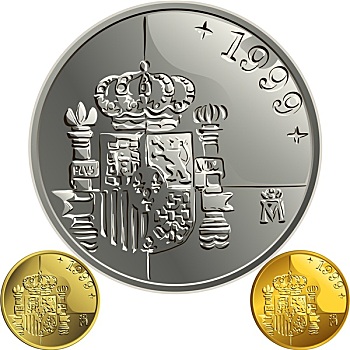 矢量,西班牙,钱,金色,银,硬币,一个,比塞塔