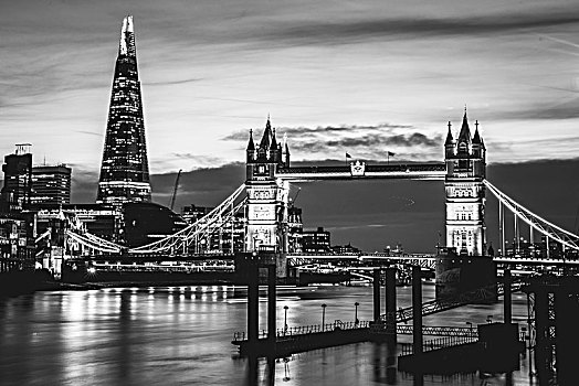 塔桥,碎片,夜景,光亮,水,风景,南华克,伦敦,英格兰,英国,欧洲