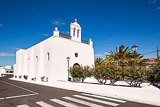 刷白,乡村,教堂,棕榈树,兰索罗特岛,加纳利群岛,西班牙