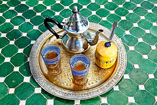 银,茶壶,薄荷茶,玻璃杯,镶嵌图案,桌子,摩洛哥,非洲