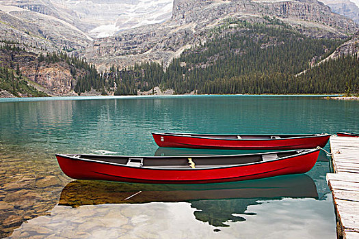 鲜明,红色,独木舟,平和,高山,湖