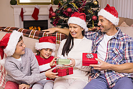 喜庆,家庭,圣诞帽,交换,礼物