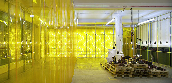 貂,商店,设计,伦敦,英国,2009年,全景,内景,展示,黄色,亮光,创新,产品