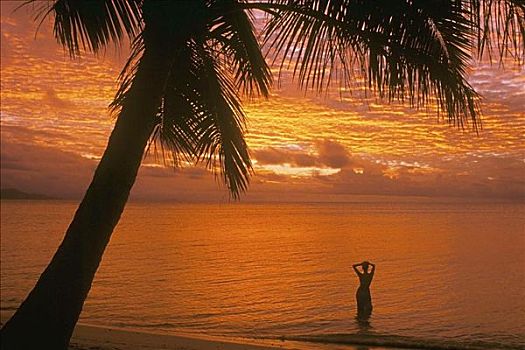 斐济,瓦卡亚,剪影,女人,海滩,涉水,海洋,日落