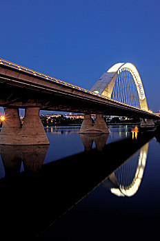路西塔尼亚,桥,上方,河,夜景,巴达霍斯省,西班牙,欧洲