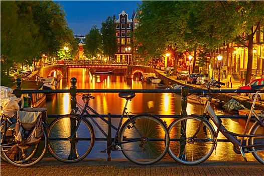 夜晚,光亮,阿姆斯特丹,运河,桥