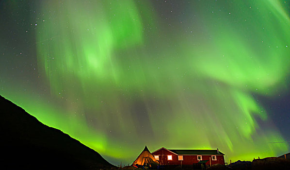 风景,木屋,北极光,夜晚,南,格陵兰