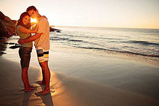 爱人,搂抱,海滩,日落