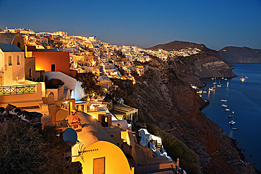 锡拉岛,天际线,夜晚,建筑,希腊