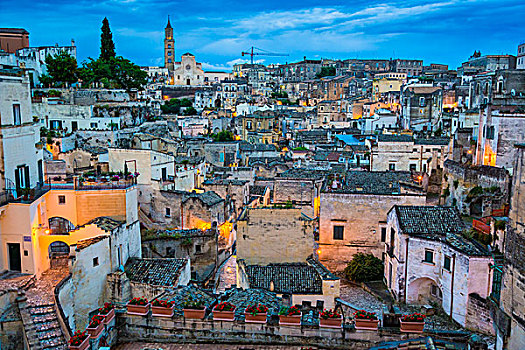 俯视,马泰拉,大教堂,背景,黄昏,巴西里卡塔,意大利