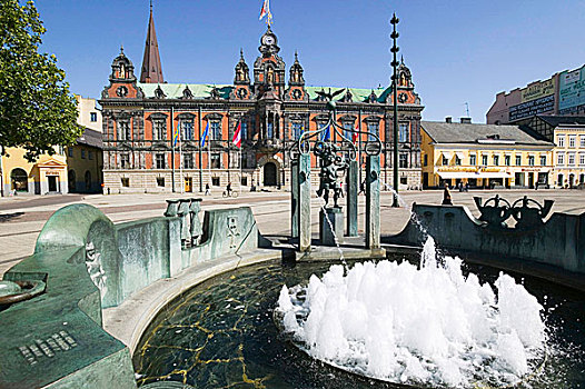 喷泉,青铜,雕塑,正面,市政厅,瑞典
