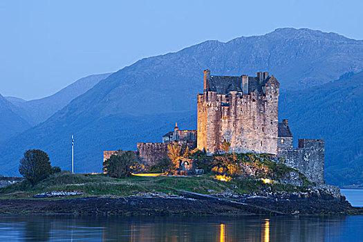 城堡,山脉,背景,艾琳多南古堡,杜希湖,高地地区,苏格兰