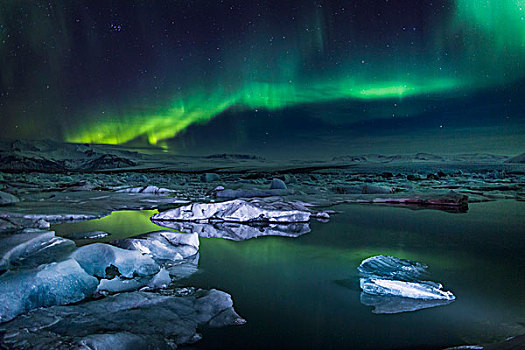 北极光,杰古沙龙湖,瓦特纳冰川,冰盖,冰岛