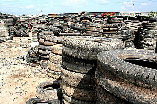 老,轮胎,院子,再循环,工作间,达卡,孟加拉,七月,2007年