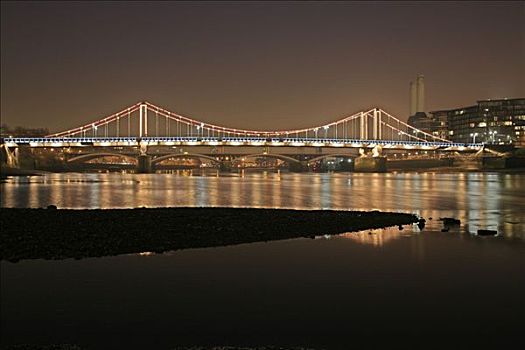 切尔西,桥,夜晚,风景,银行,泰晤士河,堤,伦敦,英格兰,英国