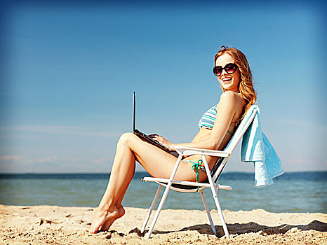 暑假,度假,科技,互联网,女孩,看,平板电脑,沙滩椅