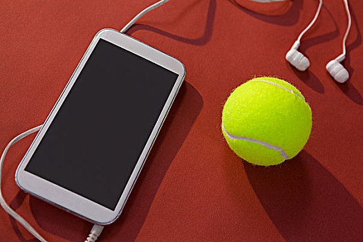 俯拍,网球,手机,耳机,栗色,背景