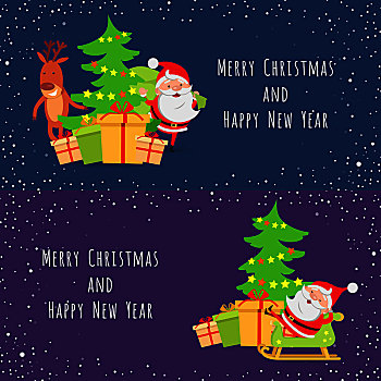 圣诞快乐,新年快乐,两个,旗帜,圣诞老人,鹿,靠近,装饰,圣诞树,礼盒,卧,木质,雪撬,卡通,设计,矢量,象征