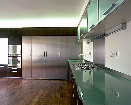 厨房,不锈钢,柜厨,绿色,玻璃,操作台