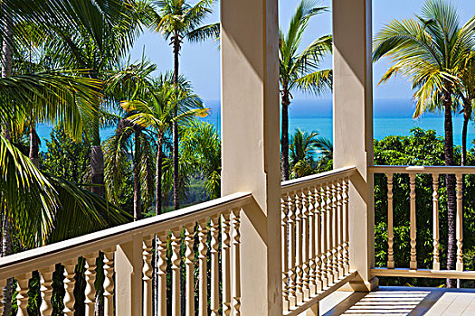 阳台,白色,雕刻,木质,栏杆,海景,棕榈树