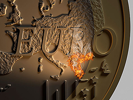 欧元硬币,特写,欧元,希腊,火焰,象征