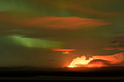 火山灰,云,裂缝,喷发,靠近,火山,北极光,高地,东北方,冰岛,欧洲