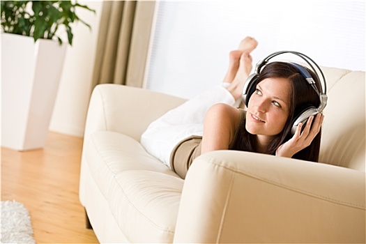 女人,耳机,听,音乐,休闲沙发