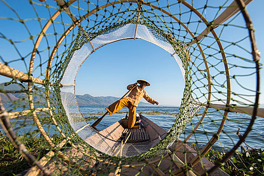 腿,划船,渔民,单腿独立,风景,渔网,茵莱湖