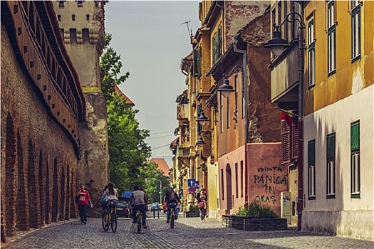 旅游,享受,城市,自行车,中世纪,加固墙,罗马尼亚