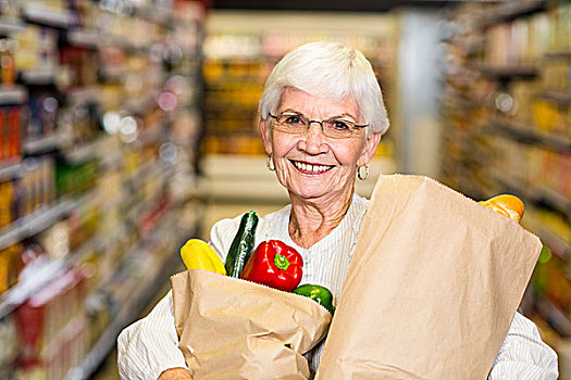 头像,微笑,老年,女人,食物杂货,包,杂货袋,超市
