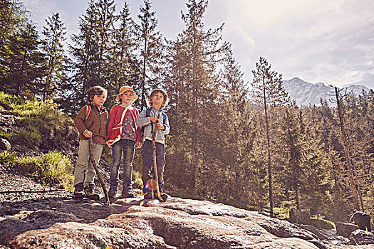 三个孩子,站立,石头,树林