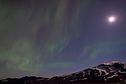 北极光,满月,上方,山,冰岛高地,区域,冰岛,欧洲